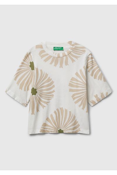 United Colors of Benetton Women's Cream Linen Blend Boxy Fit Floral Print T-Shirt
