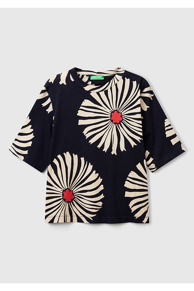 United Colors of Benetton Women's Navy Blue Linen Blend Boxy Fit Floral Pattern T-Shirt