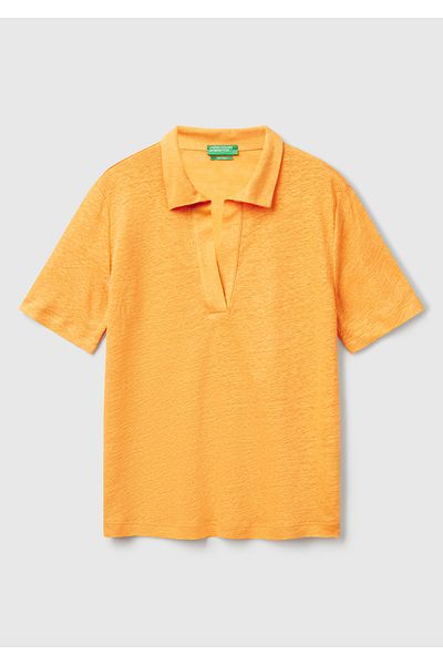 United Colors of Benetton Women's Yellow 100% Linen Polo Neck T-Shirt