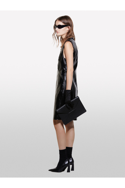 Sisley Women's Black Viscose Blended Hidden Zipper Sleeveless Deep V Neck Dress