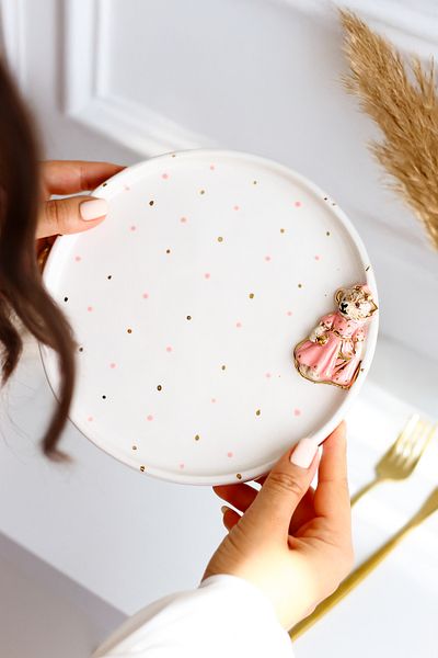 SİNEM YAMAN HOME Pink Dark Blue Bear 2-Piece Ceramic Plate Set / Ceramic 20 cm 2-Piece Plate Set