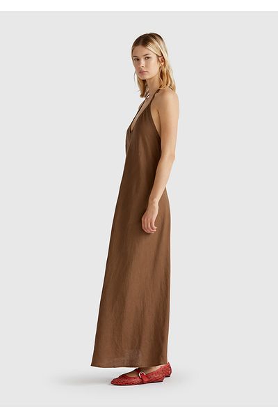 United Colors of Benetton Women's Brown 100% Linen Backless Long Dress