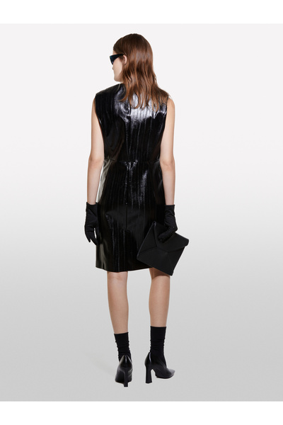 Sisley Women's Black Viscose Blended Hidden Zipper Sleeveless Deep V Neck Dress