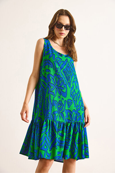 Olalook Women's Green Blue Skirt Flounced Woven Viscose Dress Elb-19002502