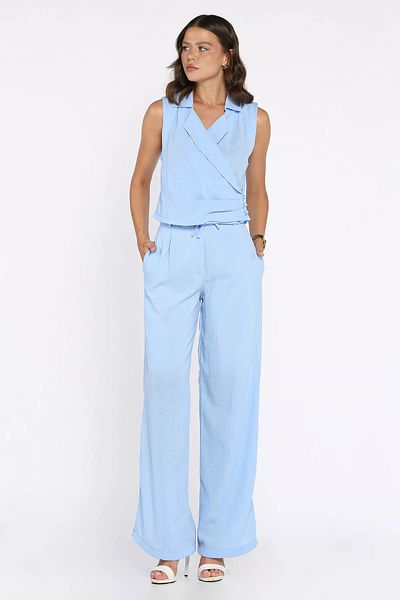 GÜLSELİ Set de două piese pentru pantaloni de vestă de in cu guler dublu albastru