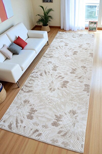 melian Aksu Mastel Non-Slip Sole Cut-Out Embossed Living Room Hallway Kitchen Washable Carpet Beige