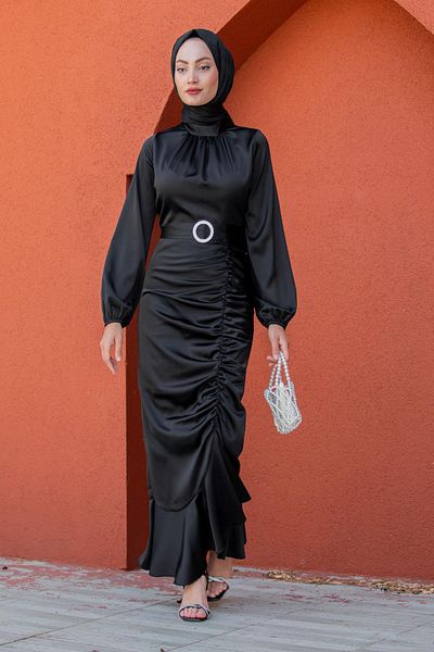 Tesettür Çarşım Swan Acetate Satin Evening Dress-Black