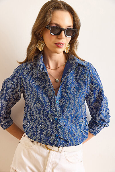 Olalook Women's Navy Blue Fisto Detailed Regular Fit Shirt Gml-19001373