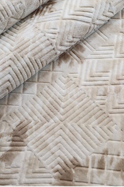 melian Aksu Mastel Non-Slip Sole Cut-Out Embossed Living Room Hallway Kitchen Washable Carpet Beige