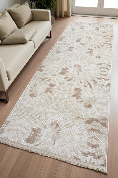 melian Aksu Mastel Fringed Non-Slip Base Cutting Embossed Living Room Corridor Kitchen Washable Condition Beige