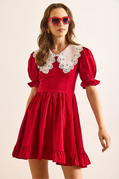 Olalook Kadın Kırmızı Bebe Yaka Mini Dökümlü Elbise ELB-19002508
