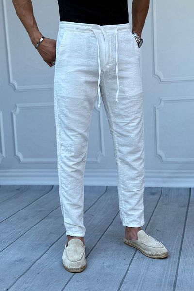 Tarz Cool Men's White Musli Lace-Up Linen Trousers