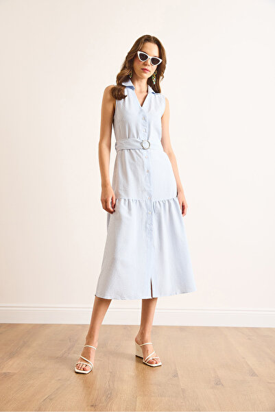 Olalook Rochie maxi cu nasturi cu dungi albastre pentru femei ELB-19002510