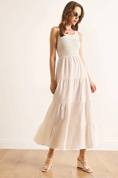 Olalook Women's White Top Gipeli Piece Maxi Muslin Dress Elb-19002499