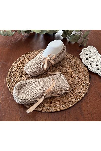 yucin Hand Knitted Ribbon Dowry Booties – Winter Home Shoes / Slippers / House Slippers