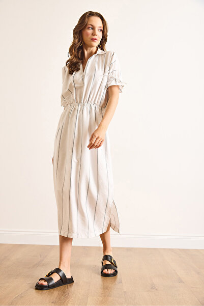 Olalook Women's White Polo Neck Elastic Waist Striped Lined Midi Flowy Dress Elb-19002511