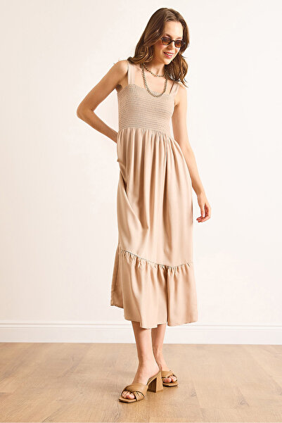 Olalook Women's Stone Strap Gipeli Midi Woven Viscose Dress Elb-19002102