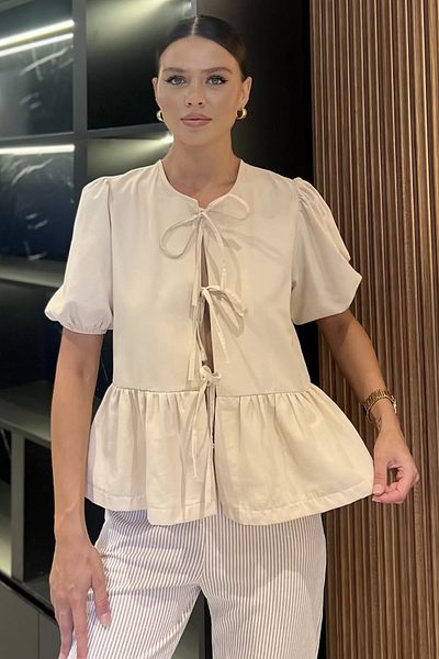GÜLSELİ Γυναικεία πέτρινη μπλούζα με λεπτομέρεια με βολάν με μανίκια
