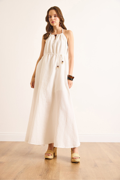 Olalook Women's White Muslin Lined Back Deep Decolletage Maxi Dress Elb-19002504