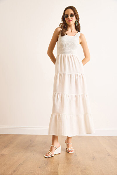 Olalook Kadın Beyaz Üst Gipeli Parçalı Maksi Müslin Elbise ELB-19002499