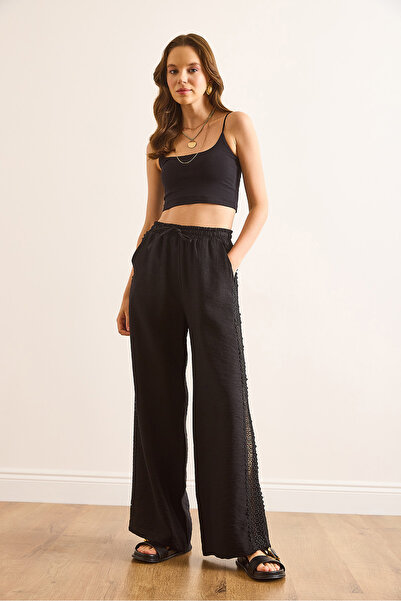 Olalook Kadın Siyah Cepli Astarlı Dantel Detaylı Palazzo Pantolon PNT-19000357