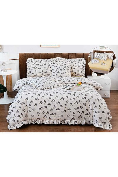 trendyhome Lenjerie de pat, bumbac fin, volane, 6 bucăți, flori, alb/galben, P23661-elastic
