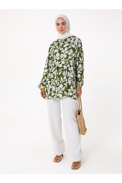 Refka Floral Printed Voile Tunic - Green -