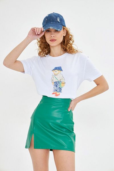 GIA - ART Women's White Teddy Bear Printed T-Shirt – Cotton, Fun and Comfortable, Daily Casual Model
