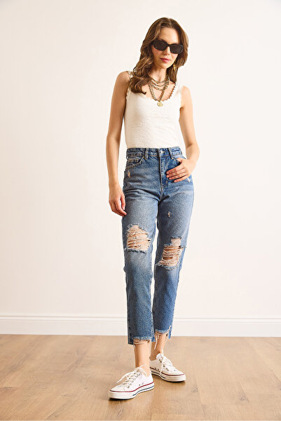 Olalook Blugi pentru femei, albastru închis, cu picioare până la genunchi, tăiat cu laser, fără lycra, cu talie înaltă JEA-19000118