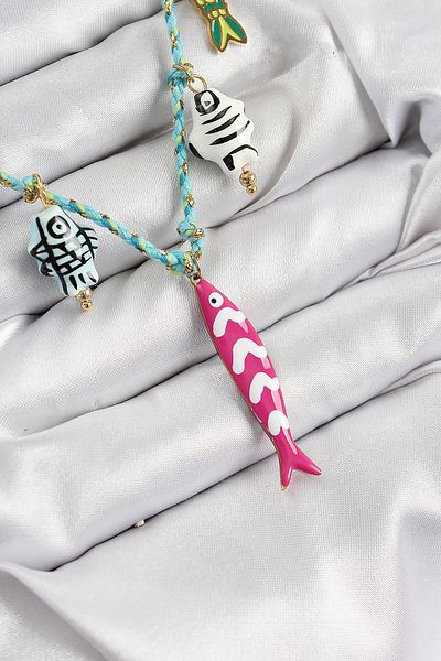 Celira Ceramic Motif Pink Fish Figured Model Blue Rope Women's Necklace