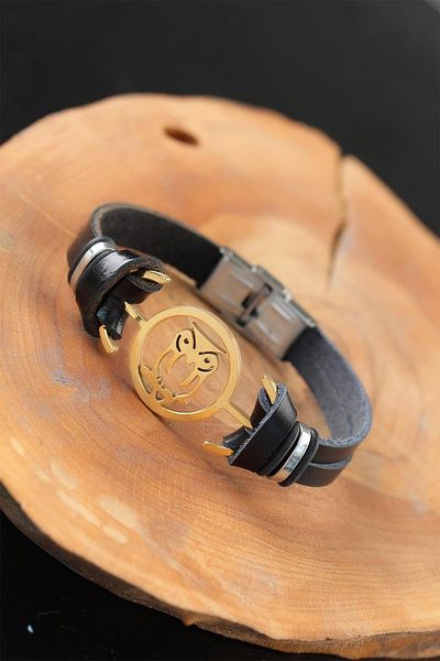 Celira Black Color Leather Men's Bracelet with Gold Color Owl and Metal Accessories