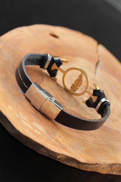 Celira Black Leather Men's Bracelet with Gold Color Leaves and Metal Accessories