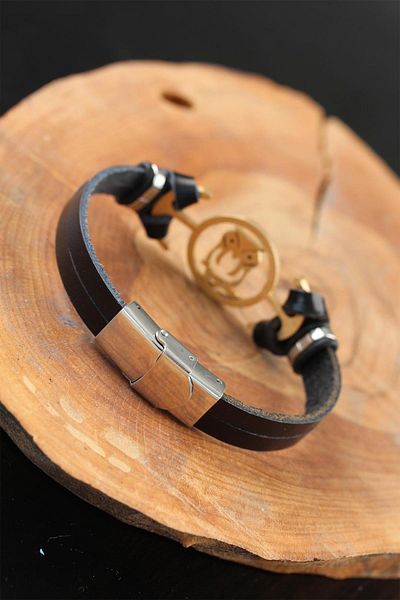 Celira Black Color Leather Men's Bracelet with Gold Color Owl and Metal Accessories