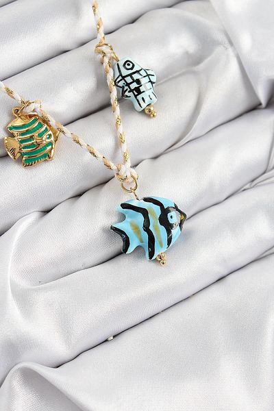 Celira Ceramic Motif Fish Figured Model Cream Thread Women's Necklace