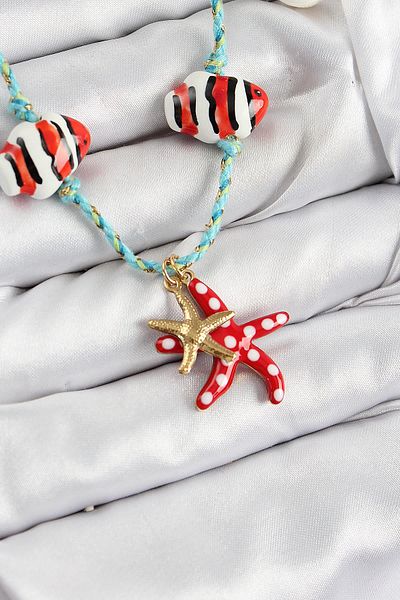 Celira Ceramic Motif Starfish Figured Model Blue Rope Women's Necklace