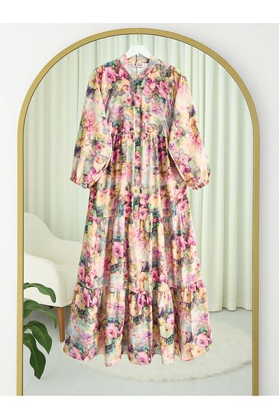 Modamorfo Half Button Mixed Pattern Sleeve Elastic Dress -G.Kurusu