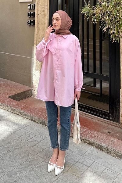 lamelif Πουκάμισο με λεπτομέρεια μανίκι Πουκάμισο Oversize Ροζ