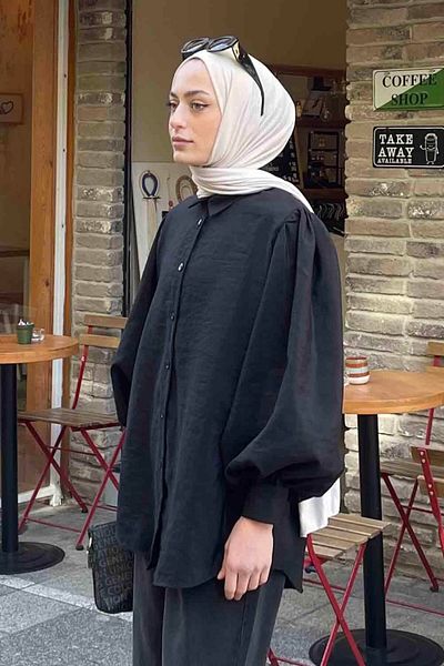 lamelif Cămașă cu mânecă cu balon neagră
