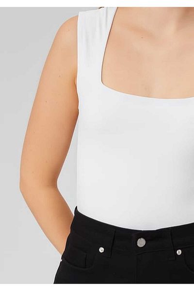 Maison La Femme Lined Zero Sleeve Square Neck Low-Cut Snap Bodysuit White