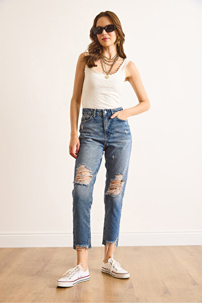 Olalook Blugi pentru femei, albastru închis, cu picioare până la genunchi, tăiat cu laser, fără lycra, cu talie înaltă JEA-19000118