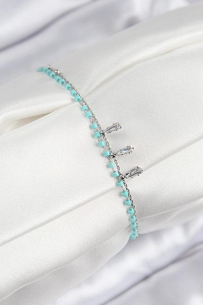 Celira Brass Zircon Stone Blue Beaded Model Silver Color Women's Bracelet