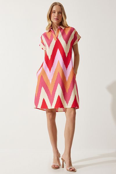 Lovelyİstanbul Polo Neck Patterned Summer Dress Lof0001 Red Cream
