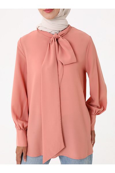 Refka Tunic with Tie Collar - Salmon -