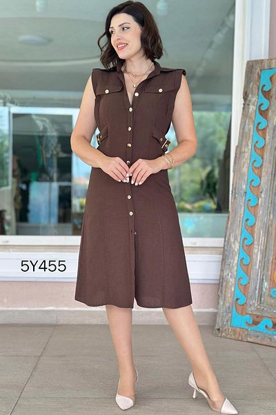 İnce Topuk Polo Neck Metal Button Linen Dress 5Y455
