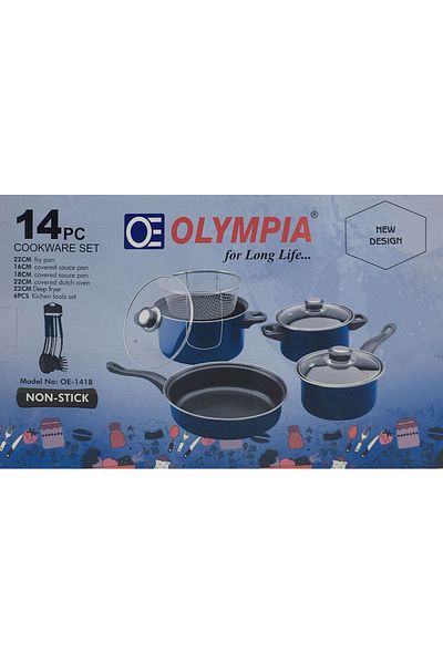 Olympia 14 Piece High Quality Non Stick Cookware Set with Deep Fryer - Blue