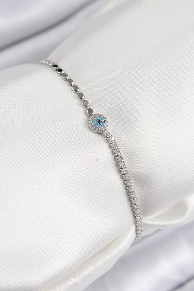 Celira Brass Zircon Stone Evil Eye Model Crushed Chain Silver Color Women's Bracelet
