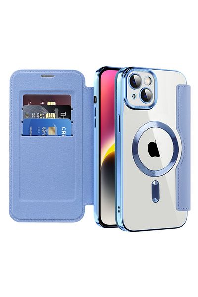 SKYDDAR INNOVATION Husă pentru iPhone 14, SmartMag Book, Magsafe, RFiD, suport pentru card, set de autocolante, albastră