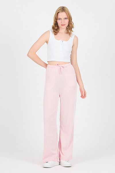 Rays Pink Elastic Waist Striped Wide Leg Woven Trousers 4098