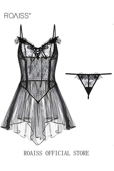 ROAISS Female Night Dress Lace Suspender Peplum Sleep Dress Bodysuit for Women