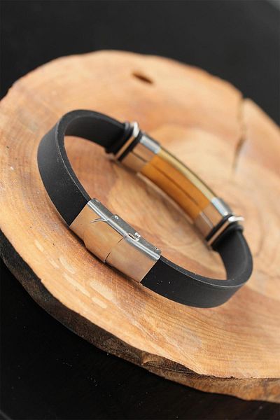 Celira Black Color Leather Men's Bracelet with Silver Gold Color Metal Accessories